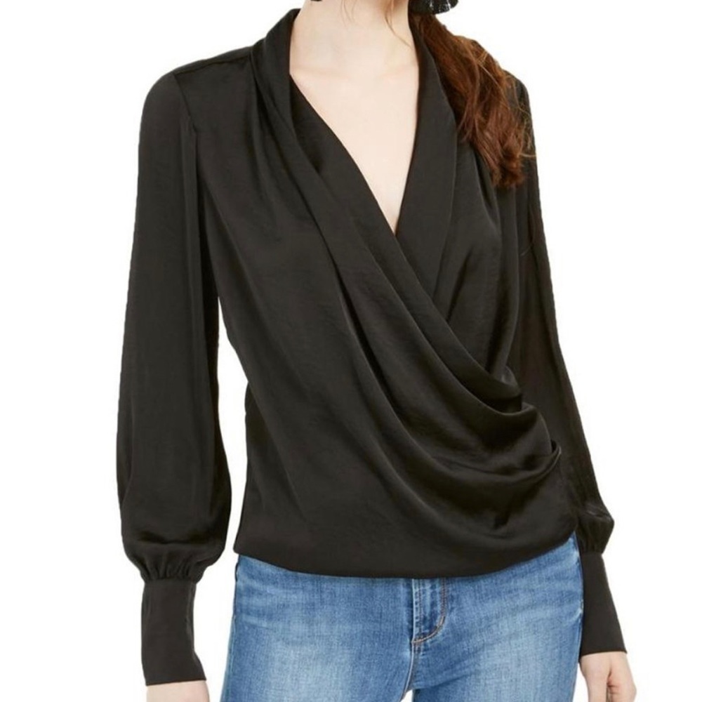 NEW Band of Gypsies Black Satin Balloon Sleeves Wrap Top US XS